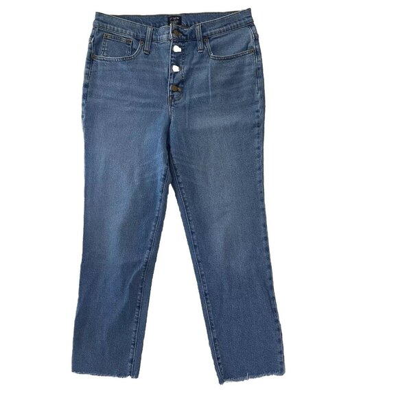 J.Crew Essential Straight Jeans Womens Size 31 Blue Denim Button-Fly Frayed Hem - Picture 1 of 13